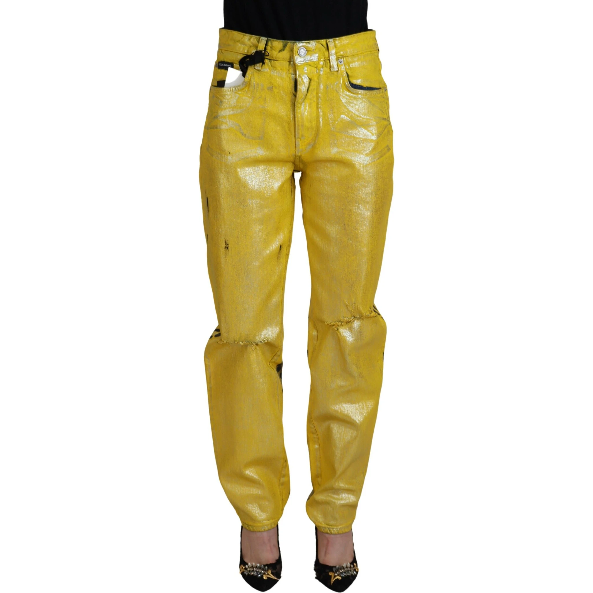 Yellow Leopard Cotton Straight Denim Jeans