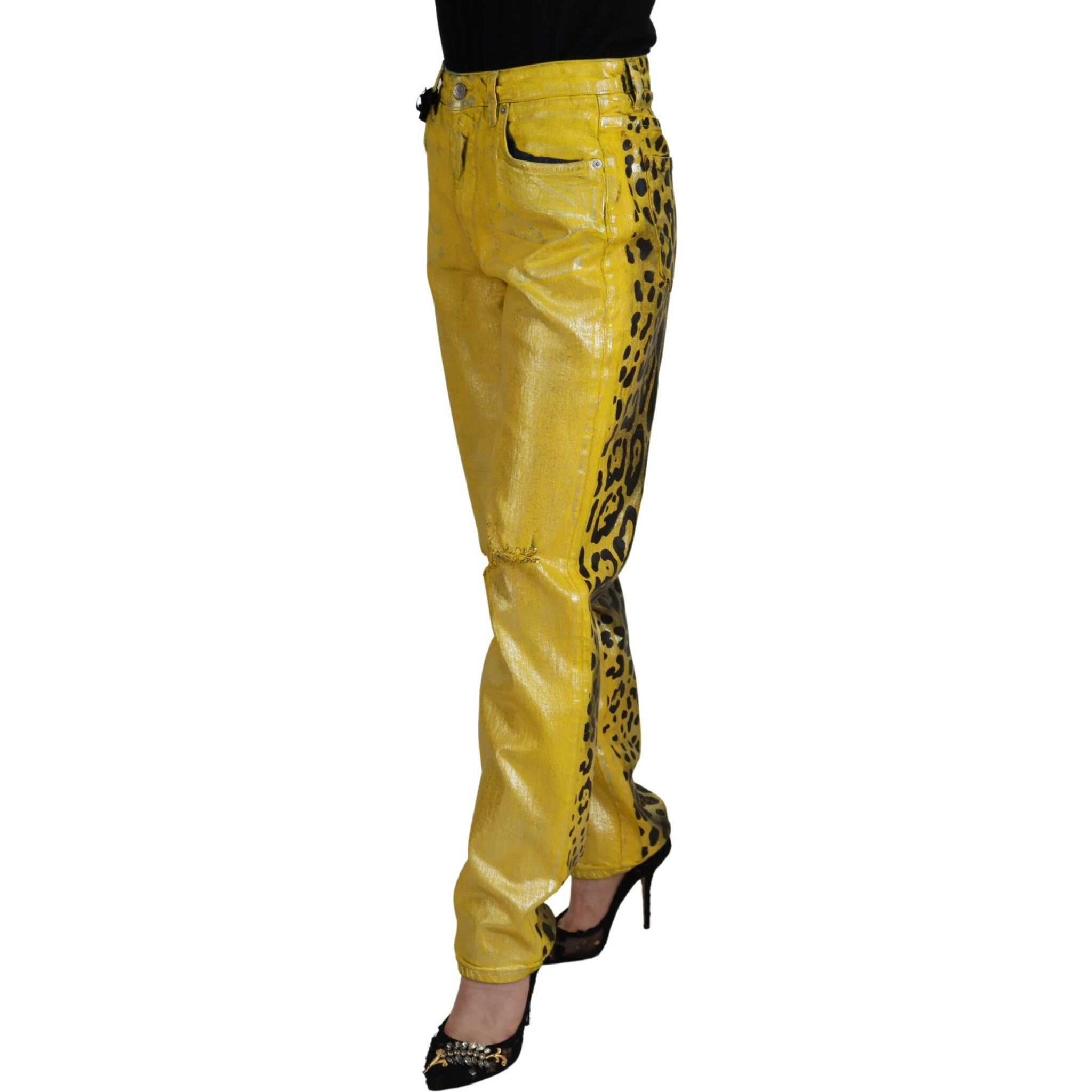 Yellow Leopard Cotton Straight Denim Jeans