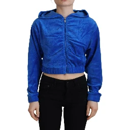Blue Cotton Full Zip Cropped Hooded Sweatshirt Sweater