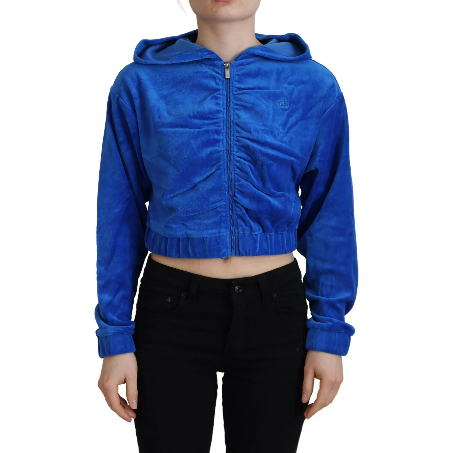 Blue Cotton Full Zip Cropped Hooded Sweatshirt Sweater
