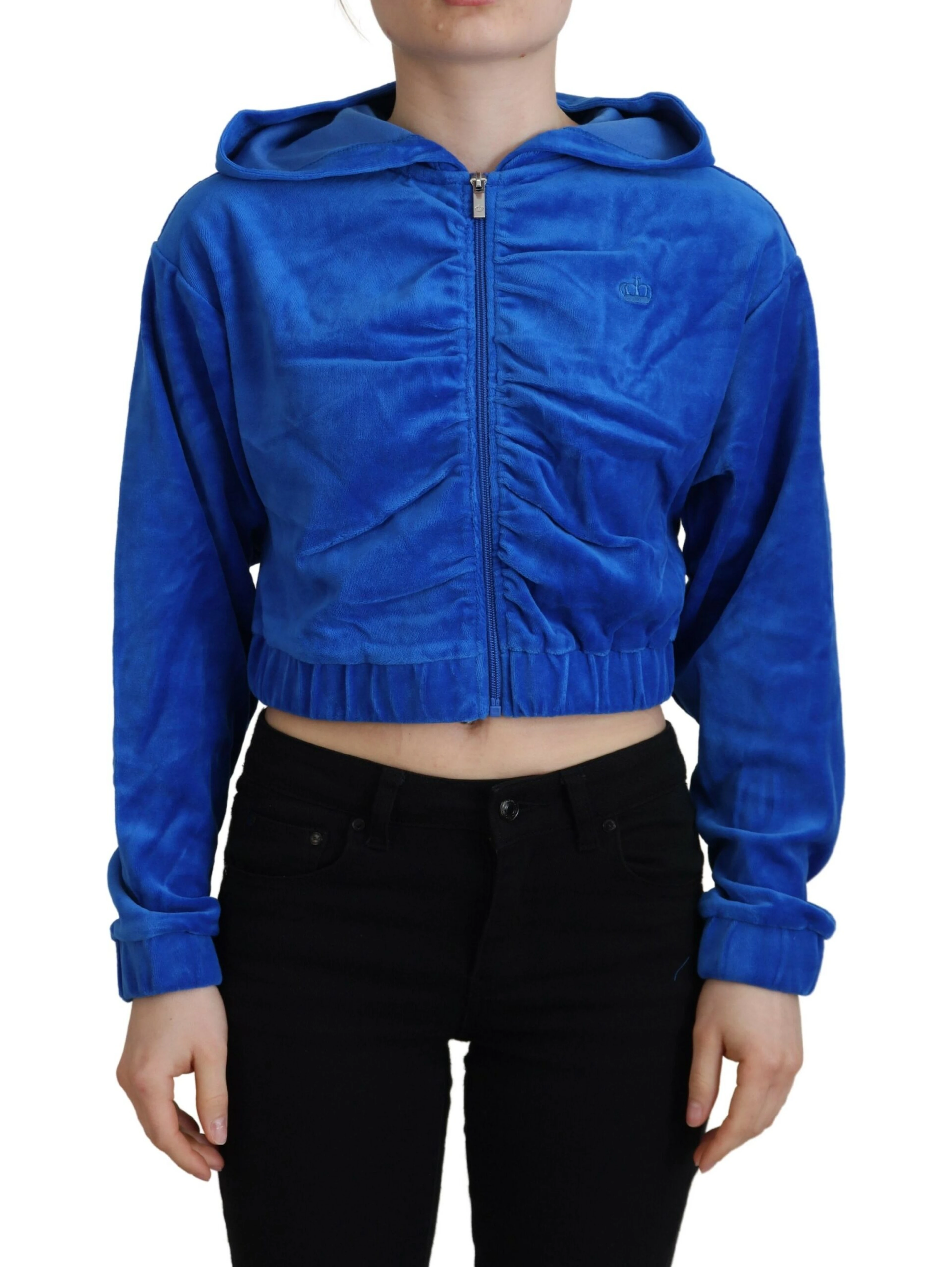 Blue Cotton Full Zip Cropped Hooded Sweatshirt Sweater