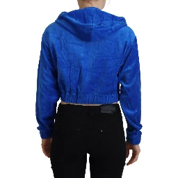 Blue Cotton Full Zip Cropped Hooded Sweatshirt Sweater
