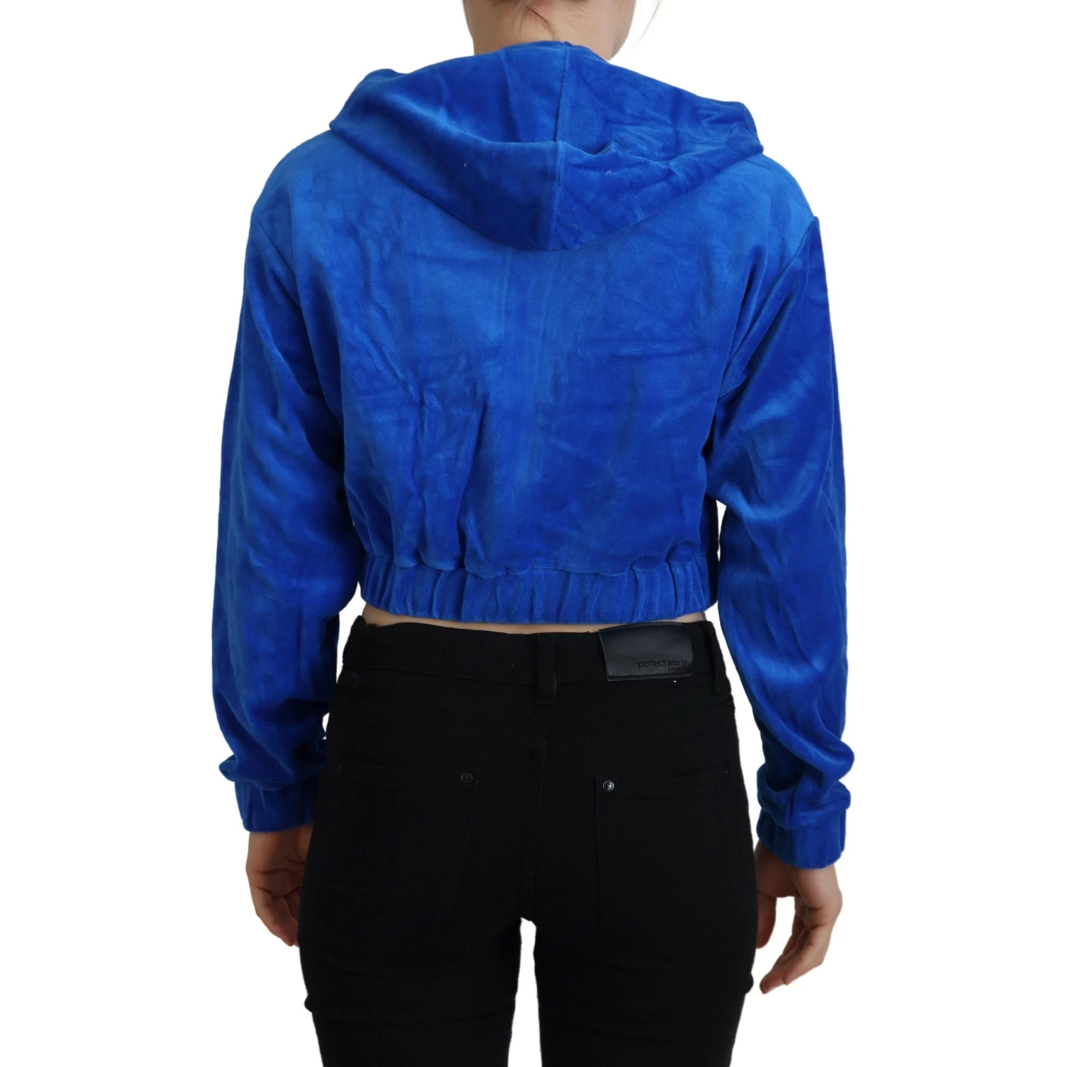 Blue Cotton Full Zip Cropped Hooded Sweatshirt Sweater