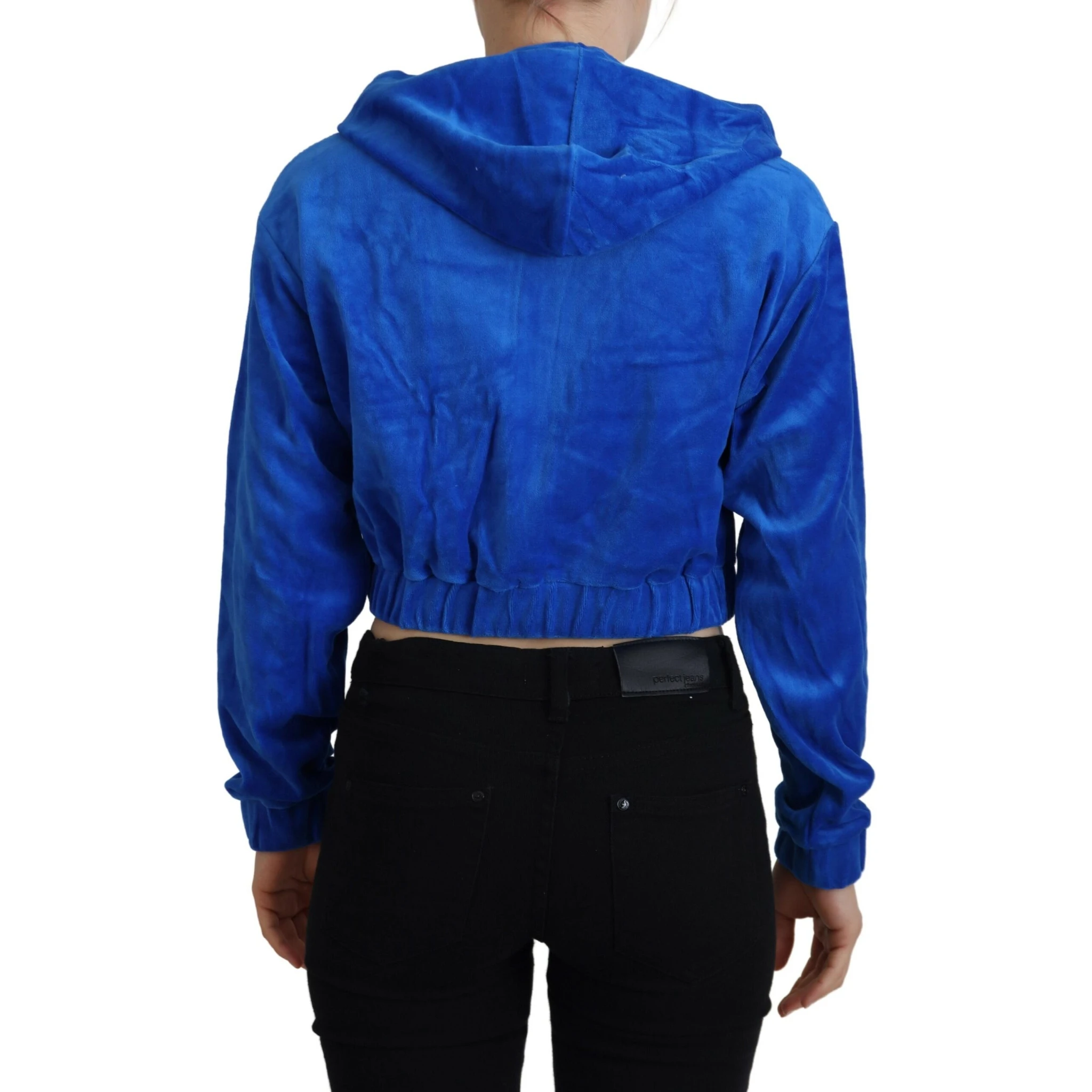 Blue Cotton Full Zip Cropped Hooded Sweatshirt Sweater