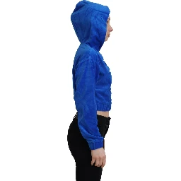 Blue Cotton Full Zip Cropped Hooded Sweatshirt Sweater