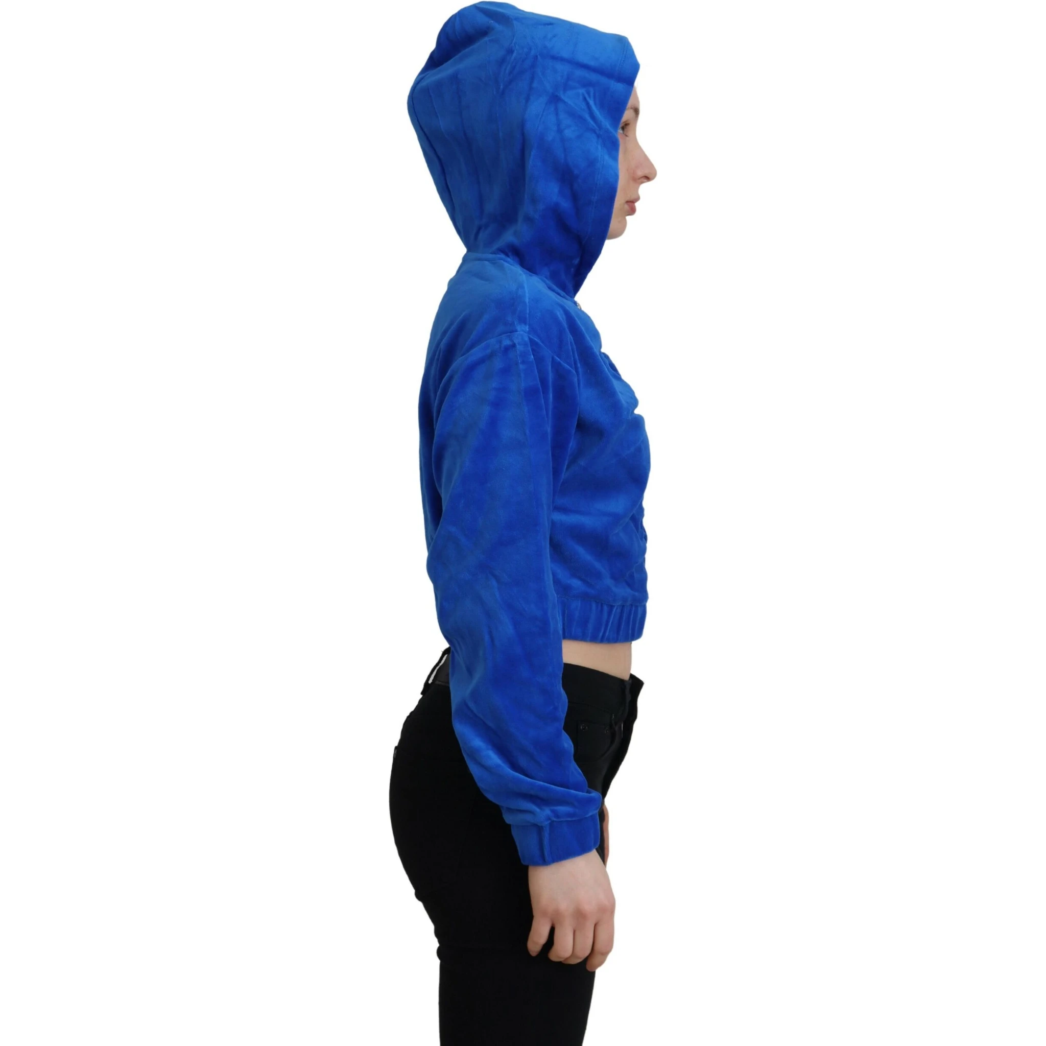 Blue Cotton Full Zip Cropped Hooded Sweatshirt Sweater
