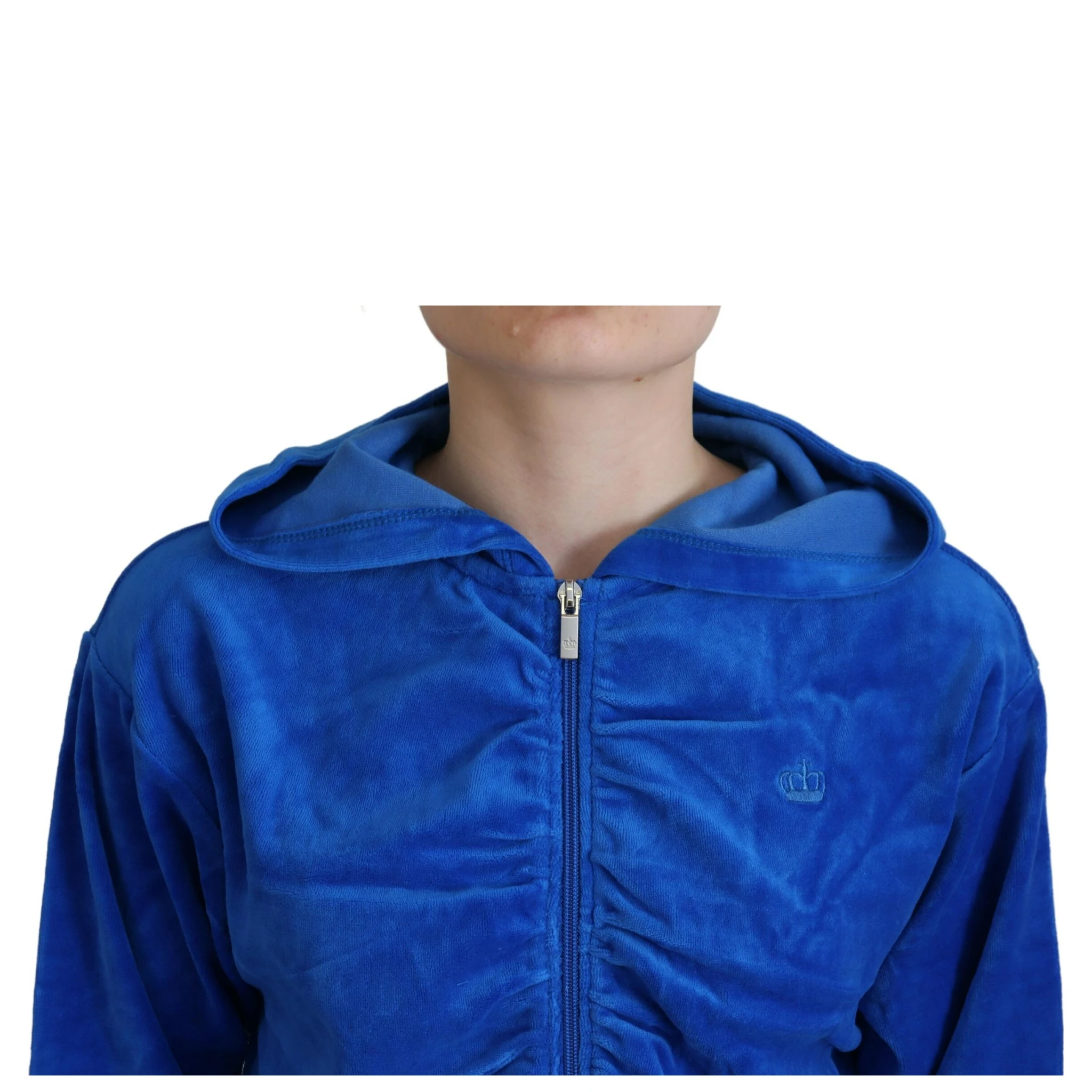 Blue Cotton Full Zip Cropped Hooded Sweatshirt Sweater