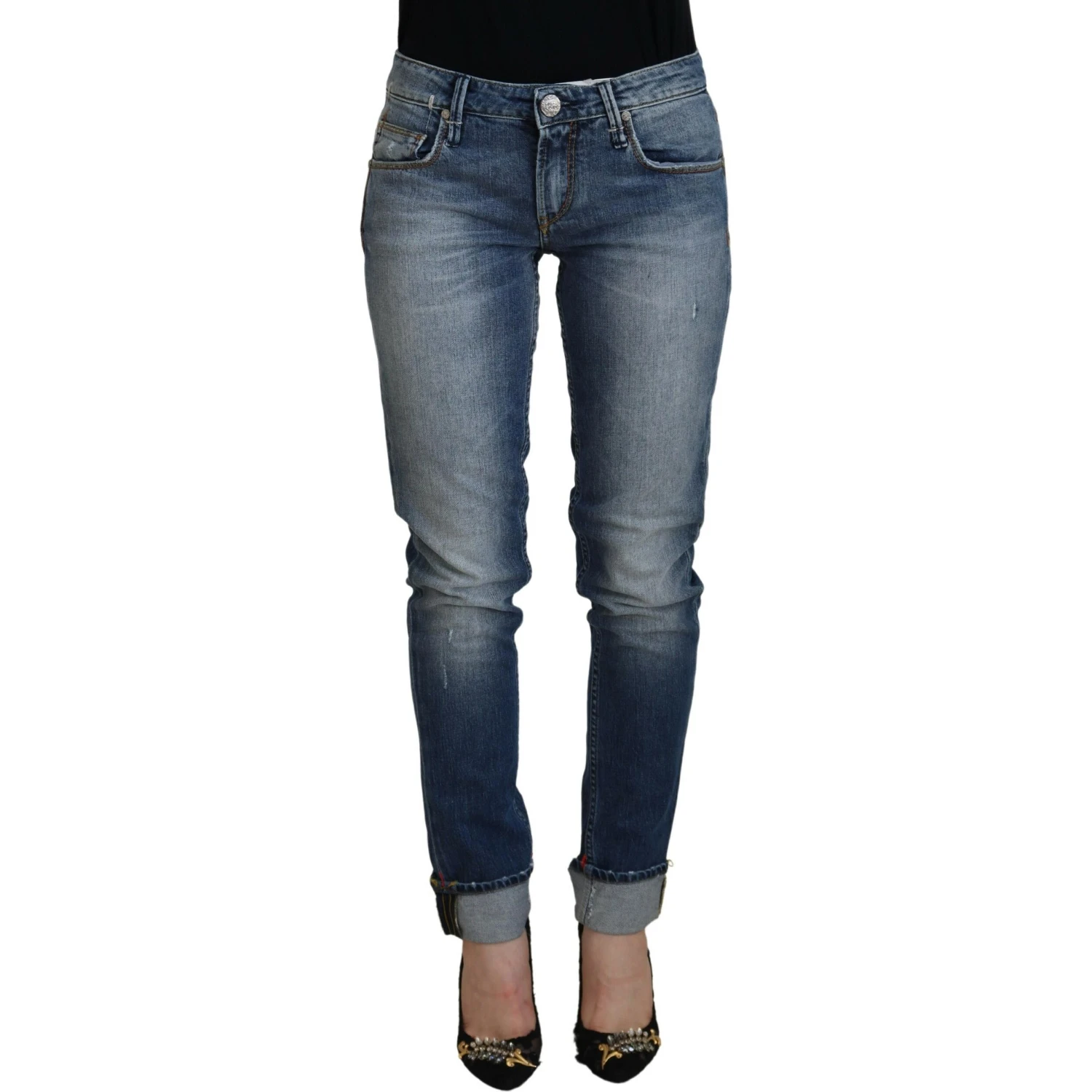 Blue Washed Cotton Low Waist Women Casual Jeans