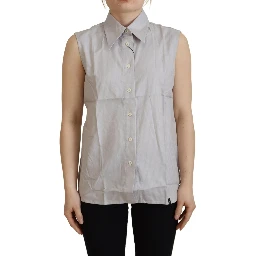 Light Gray Stripes Cotton Sleeveless Collared Top