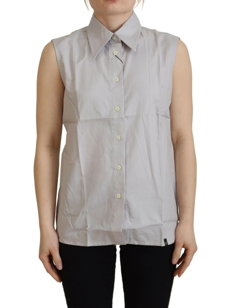 Light Gray Stripes Cotton Sleeveless Collared Top