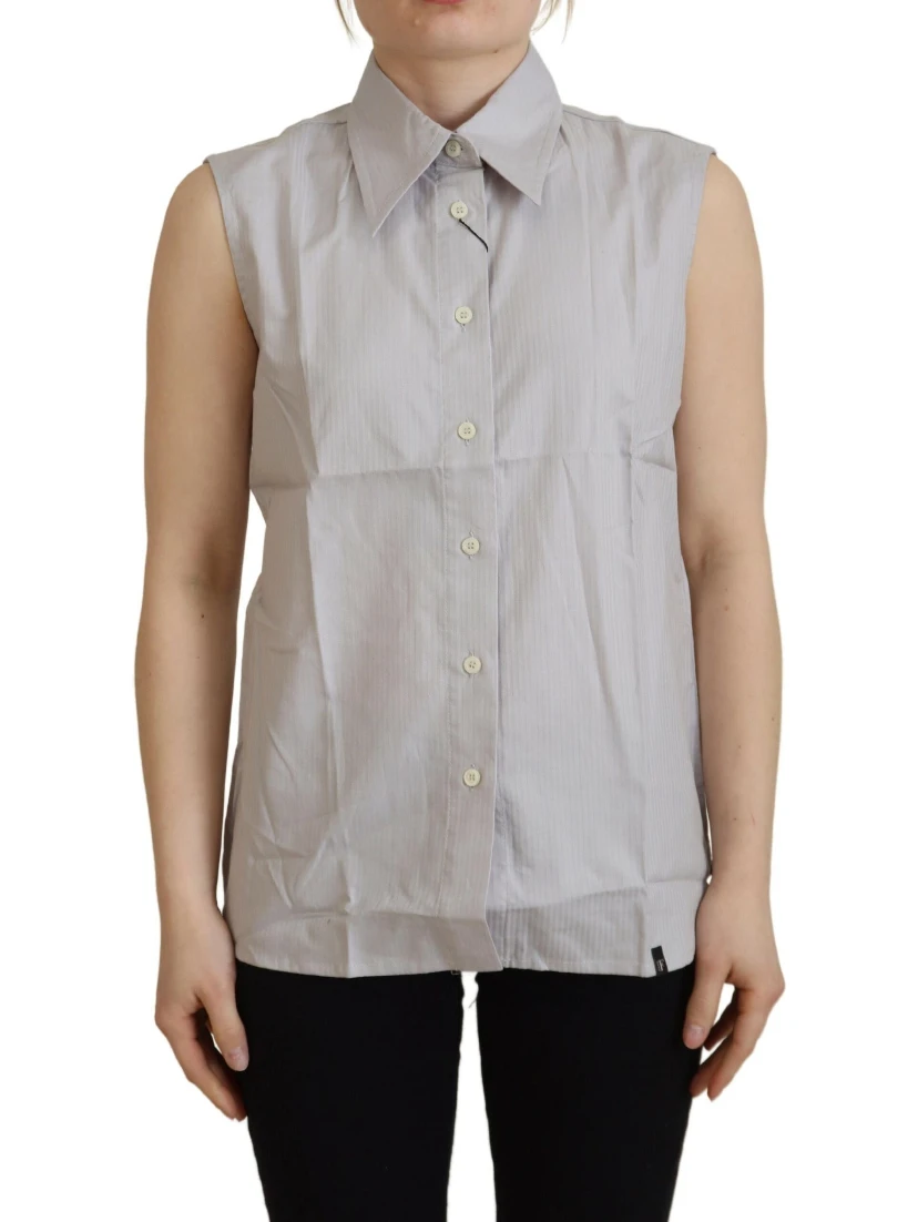 Light Gray Stripes Cotton Sleeveless Collared Top