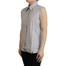 Light Gray Stripes Cotton Sleeveless Collared Top