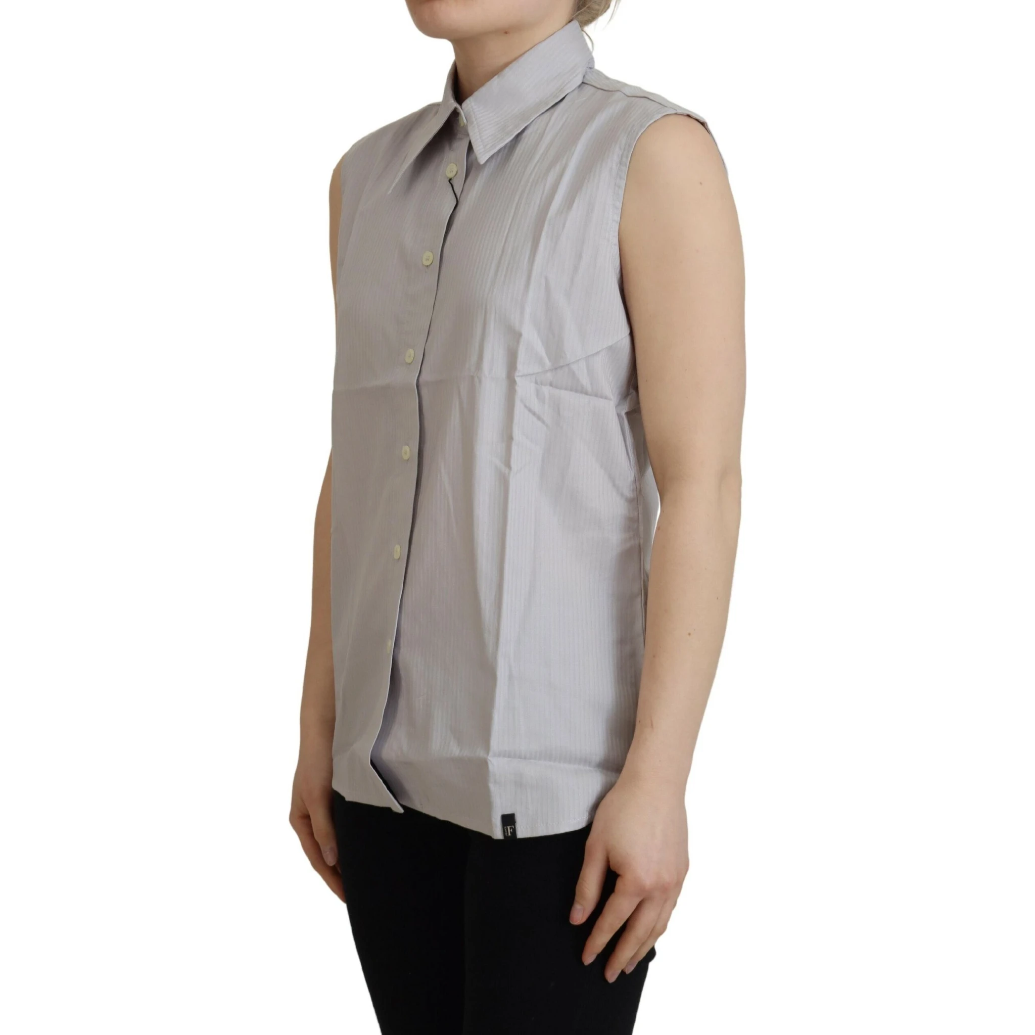 Light Gray Stripes Cotton Sleeveless Collared Top