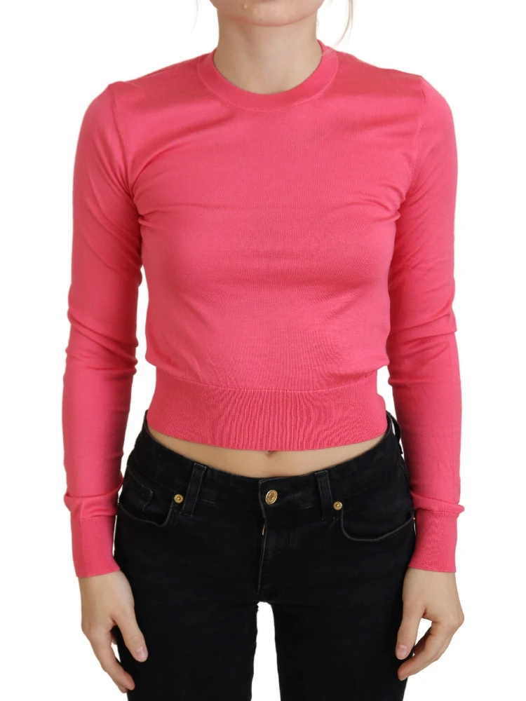 Pink Silk Cropped Crewneck Pullover Sweater