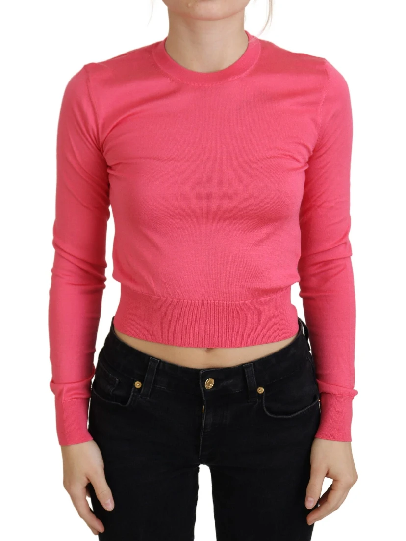 Pink Silk Cropped Crewneck Pullover Sweater