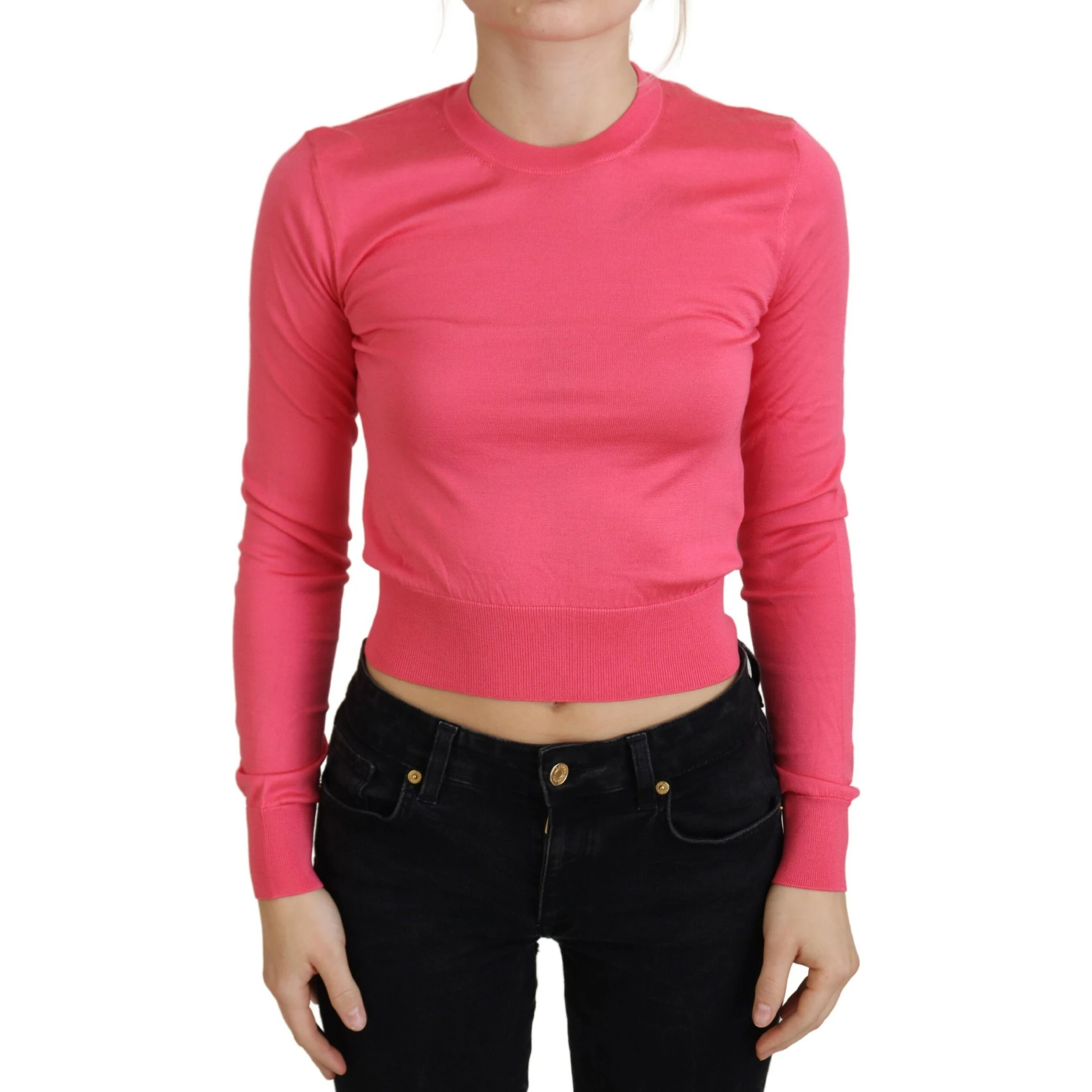Pink Silk Cropped Crewneck Pullover Sweater