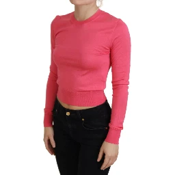 Pink Silk Cropped Crewneck Pullover Sweater