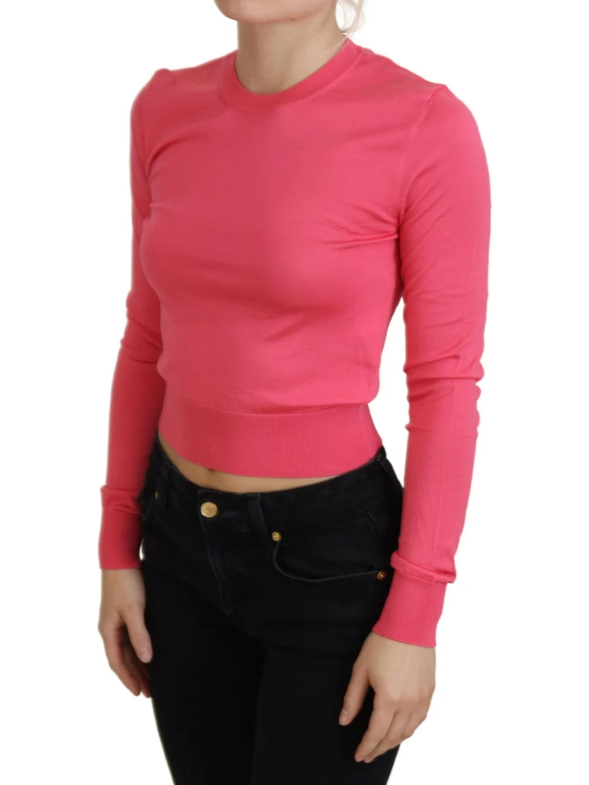 Pink Silk Cropped Crewneck Pullover Sweater