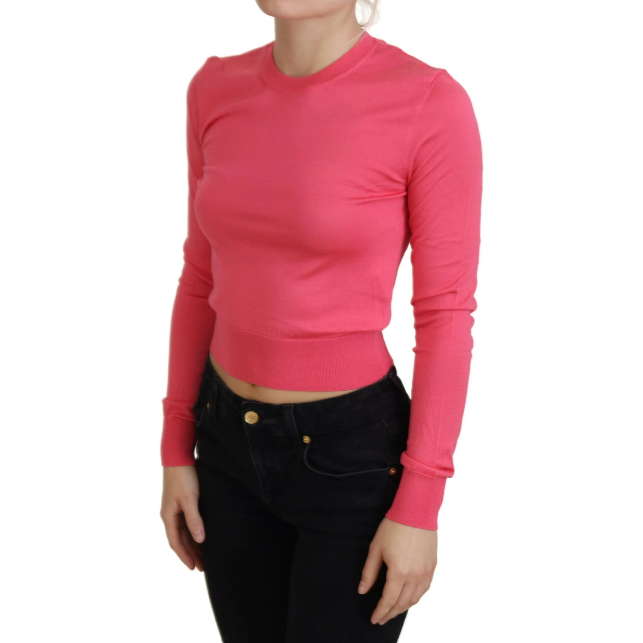 Pink Silk Cropped Crewneck Pullover Sweater