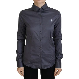 Gray Printed Long Sleeves Collared Top