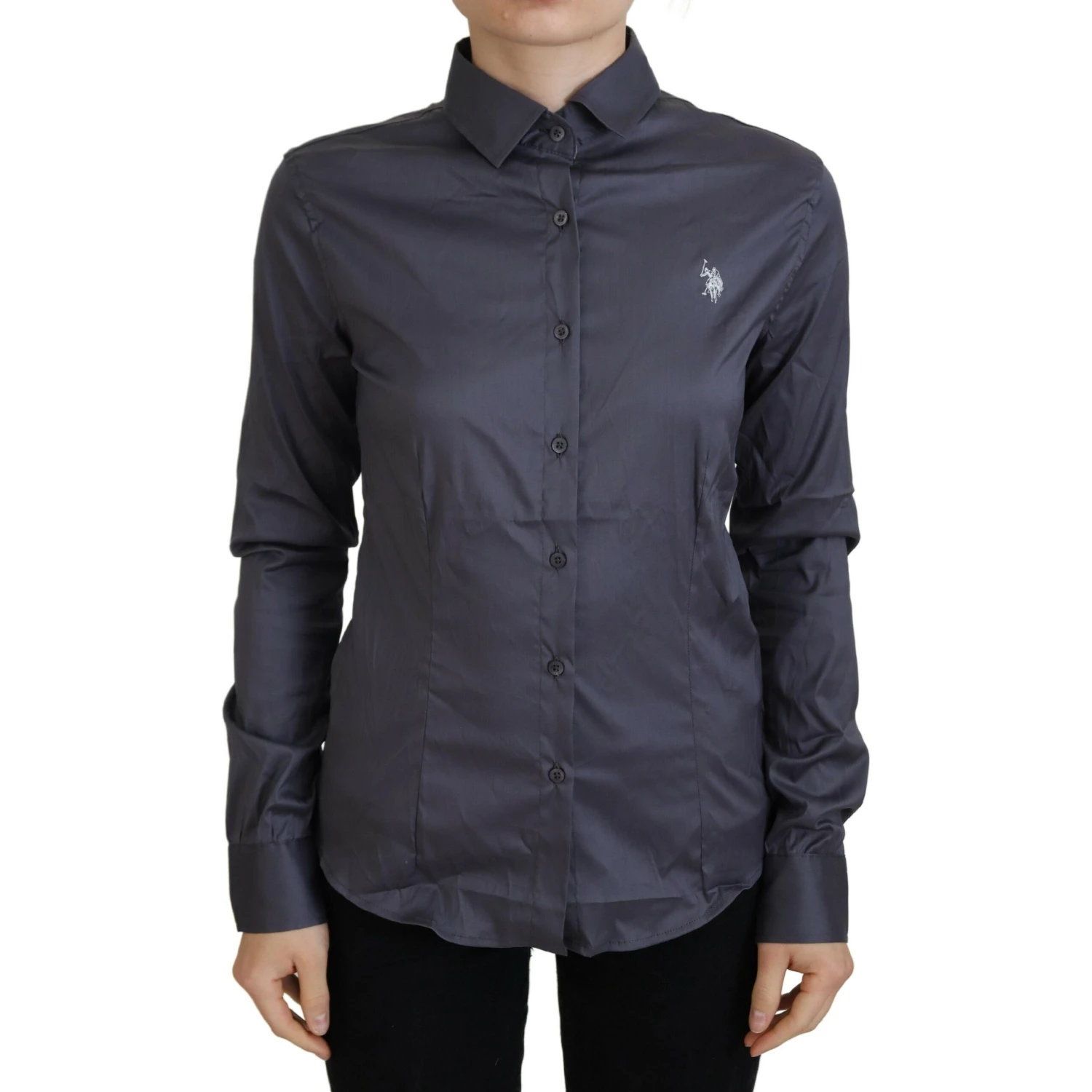 Gray Printed Long Sleeves Collared Top