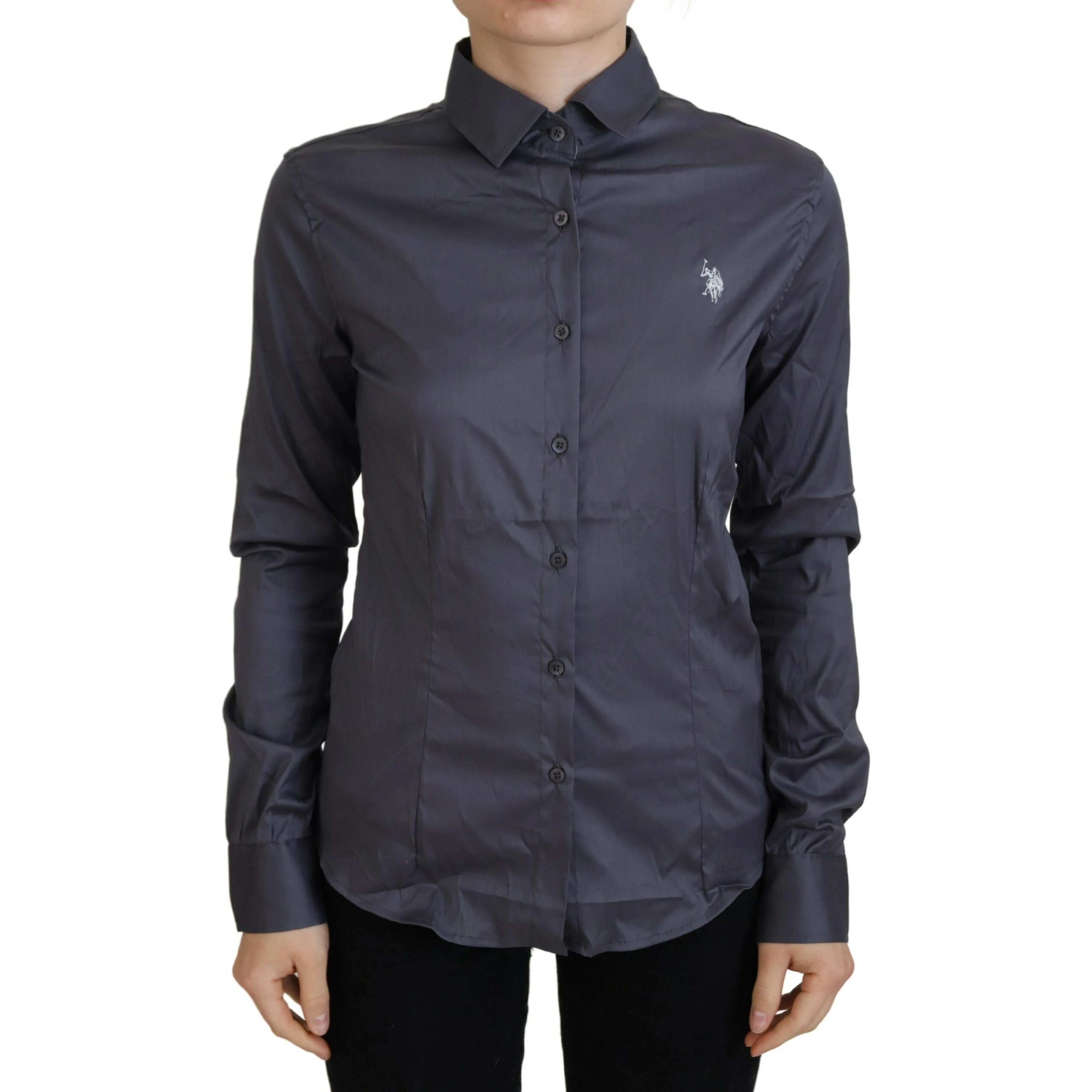 Gray Printed Long Sleeves Collared Top
