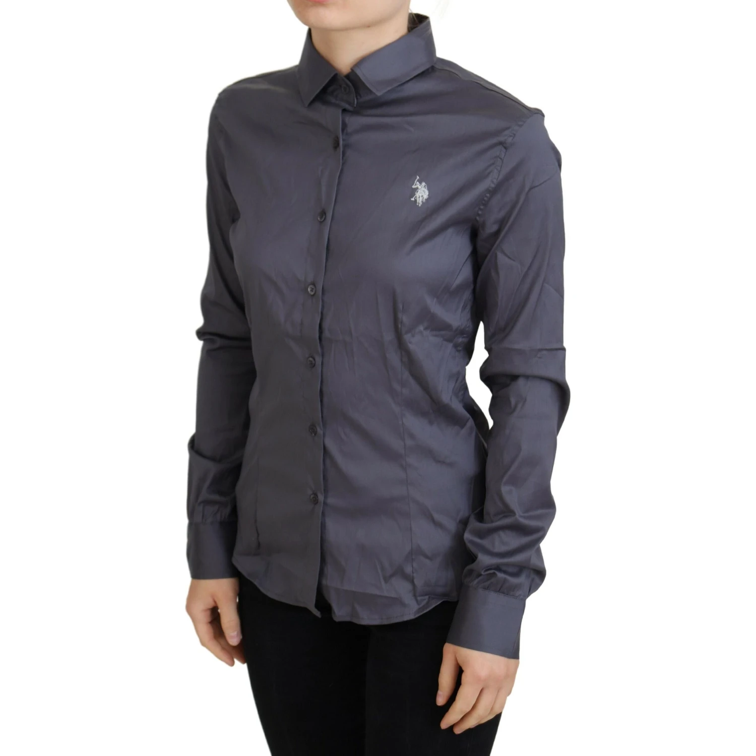 Gray Printed Long Sleeves Collared Top