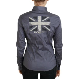Gray Printed Long Sleeves Collared Top