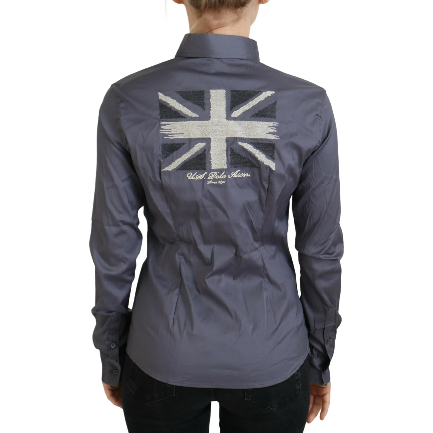 Gray Printed Long Sleeves Collared Top