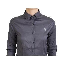 Gray Printed Long Sleeves Collared Top