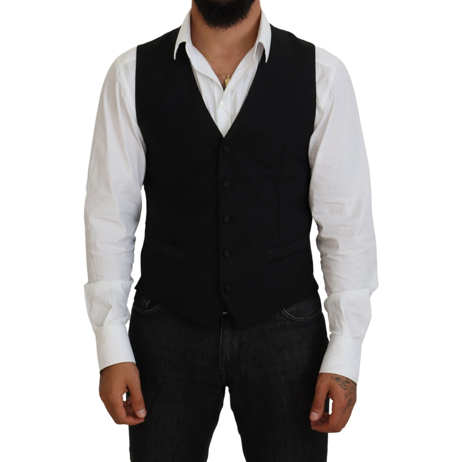 Black Virgin Wool Waistcoat Formal Vest