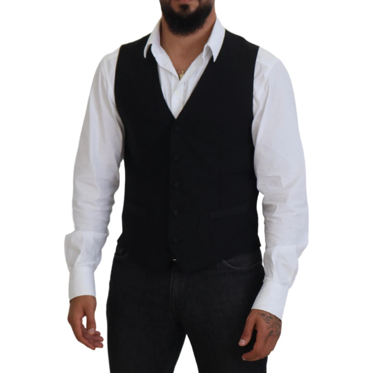 Black Virgin Wool Waistcoat Formal Vest