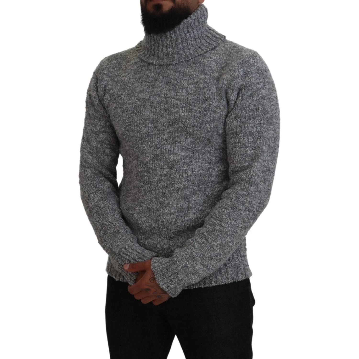 Gray Wool Knit Turtleneck Pullover Sweater