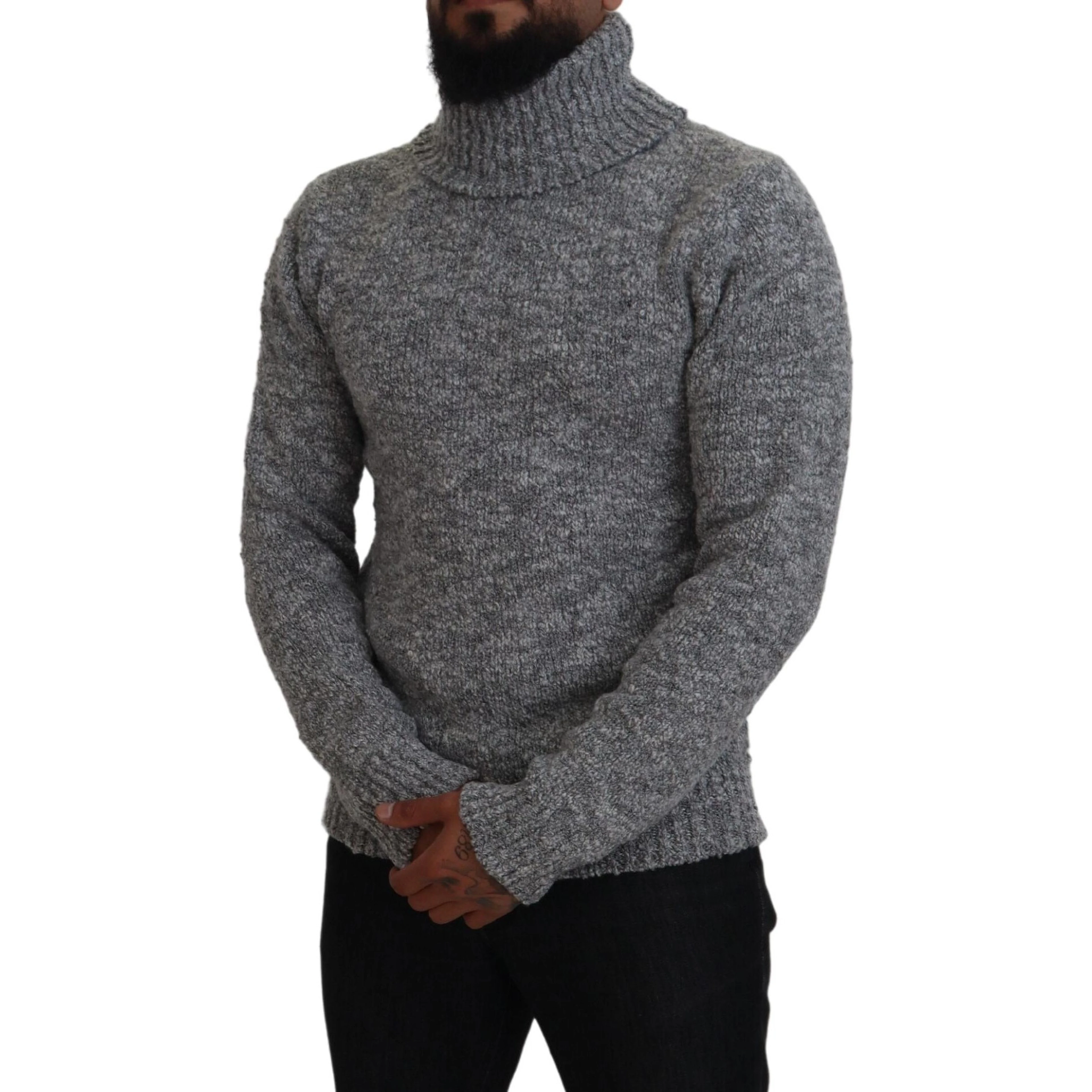 Gray Wool Knit Turtleneck Pullover Sweater