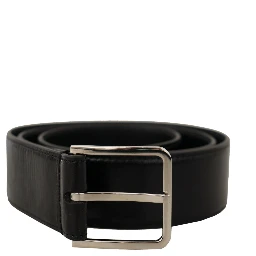 Black Calf Leather Logo Engraved Metal Buckle Belt