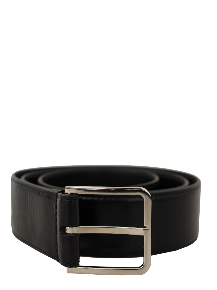 Black Calf Leather Logo Engraved Metal Buckle Belt