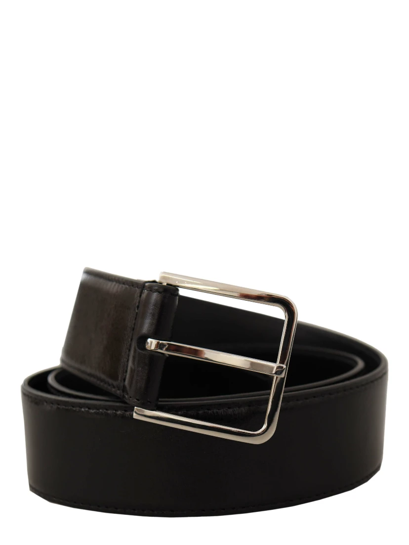 Black Calf Leather Logo Engraved Metal Buckle Belt