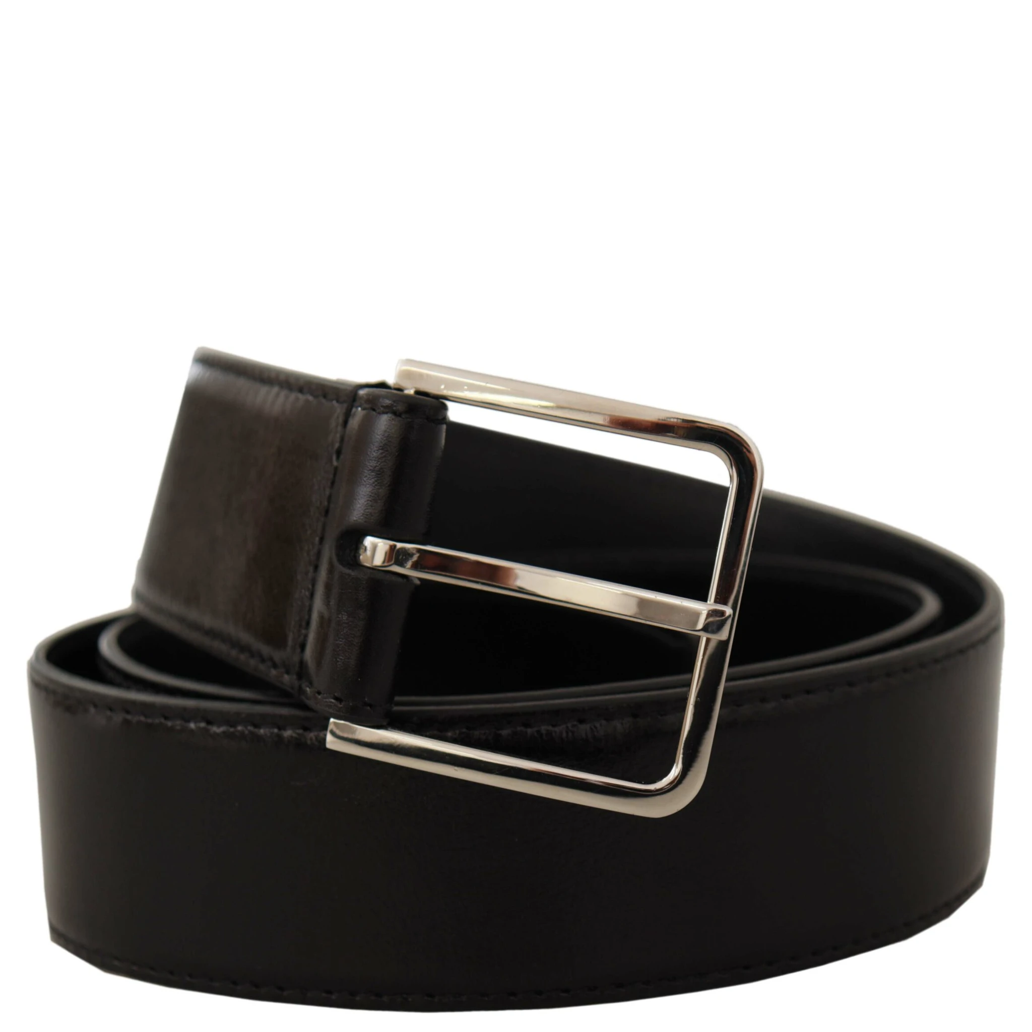 Black Calf Leather Logo Engraved Metal Buckle Belt