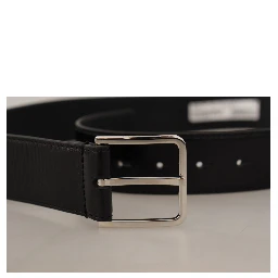 Black Calf Leather Logo Engraved Metal Buckle Belt
