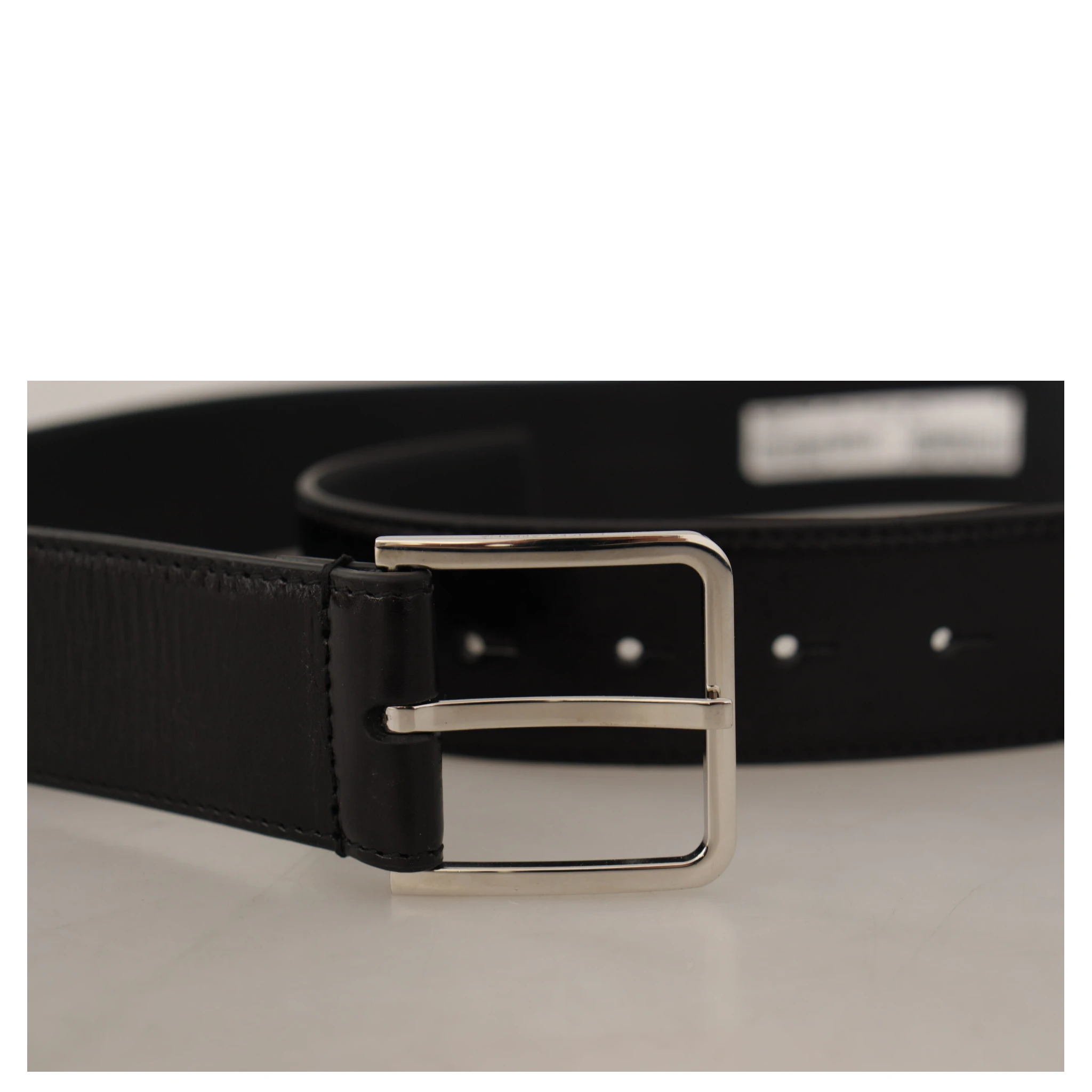 Black Calf Leather Logo Engraved Metal Buckle Belt