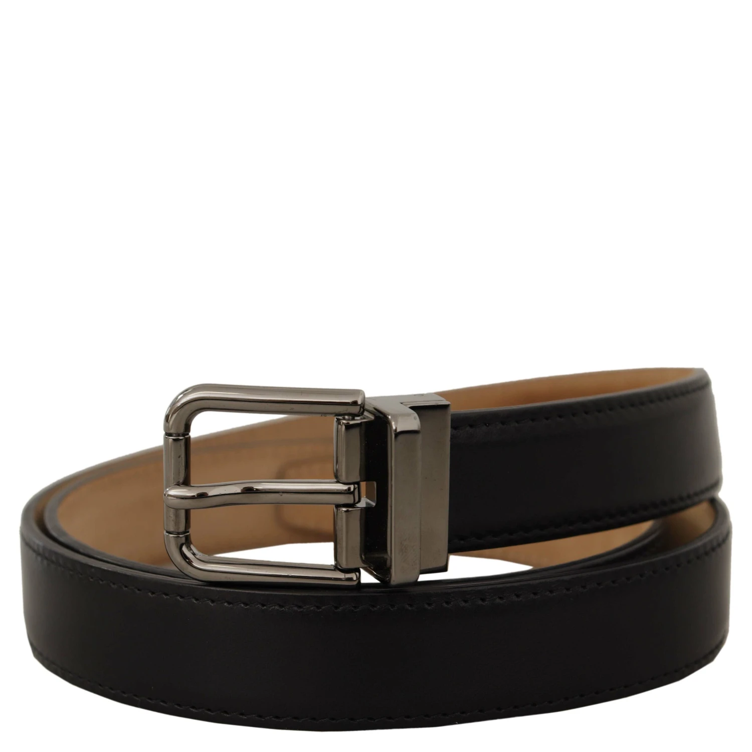 Black Calf Leather Logo Engraved Metal Buckle Belt