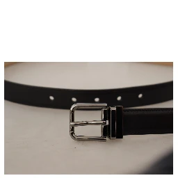 Black Calf Leather Logo Engraved Metal Buckle Belt