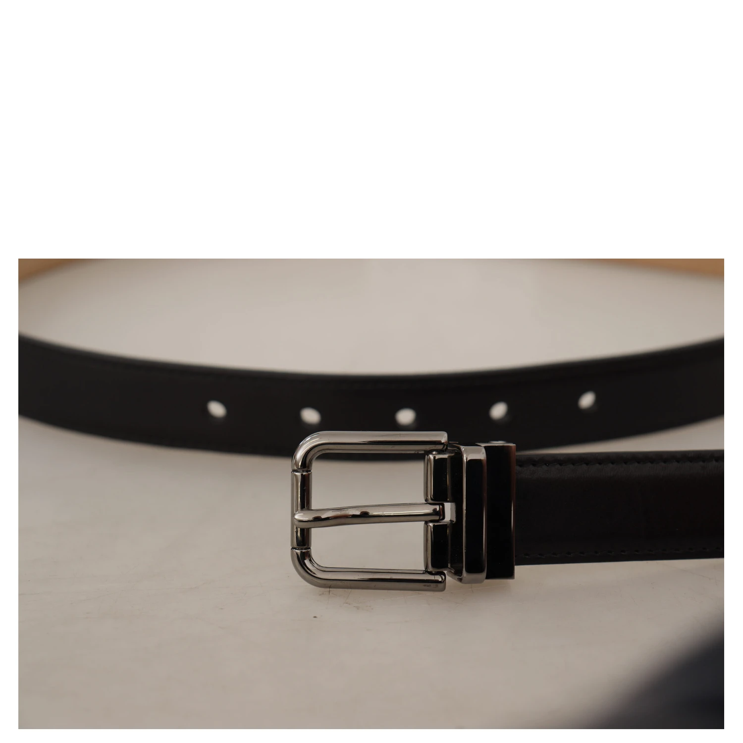 Black Calf Leather Logo Engraved Metal Buckle Belt