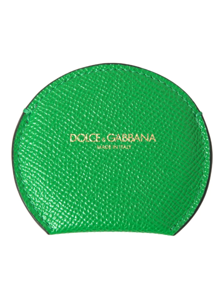 Green Calfskin Leather Round Logo Hand Mirror Holder