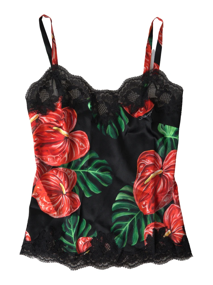 Black Anthurium Print Silk Camisole Top Underwear