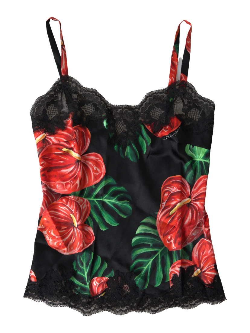 Black Anthurium Print Silk Camisole Top Underwear