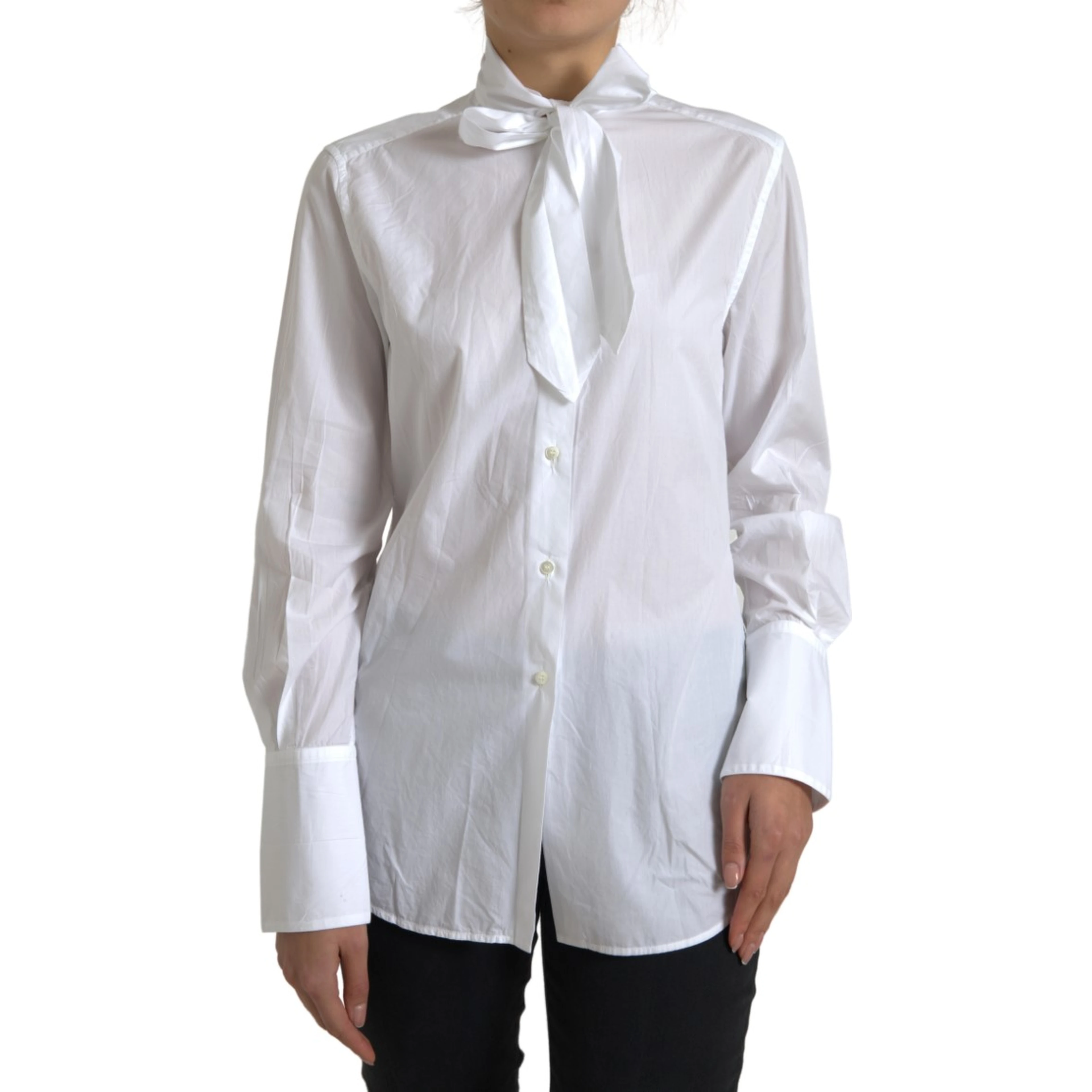 White Cotton Ascot Collar Long Sleeves Top