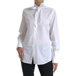 White Cotton Ascot Collar Long Sleeves Top