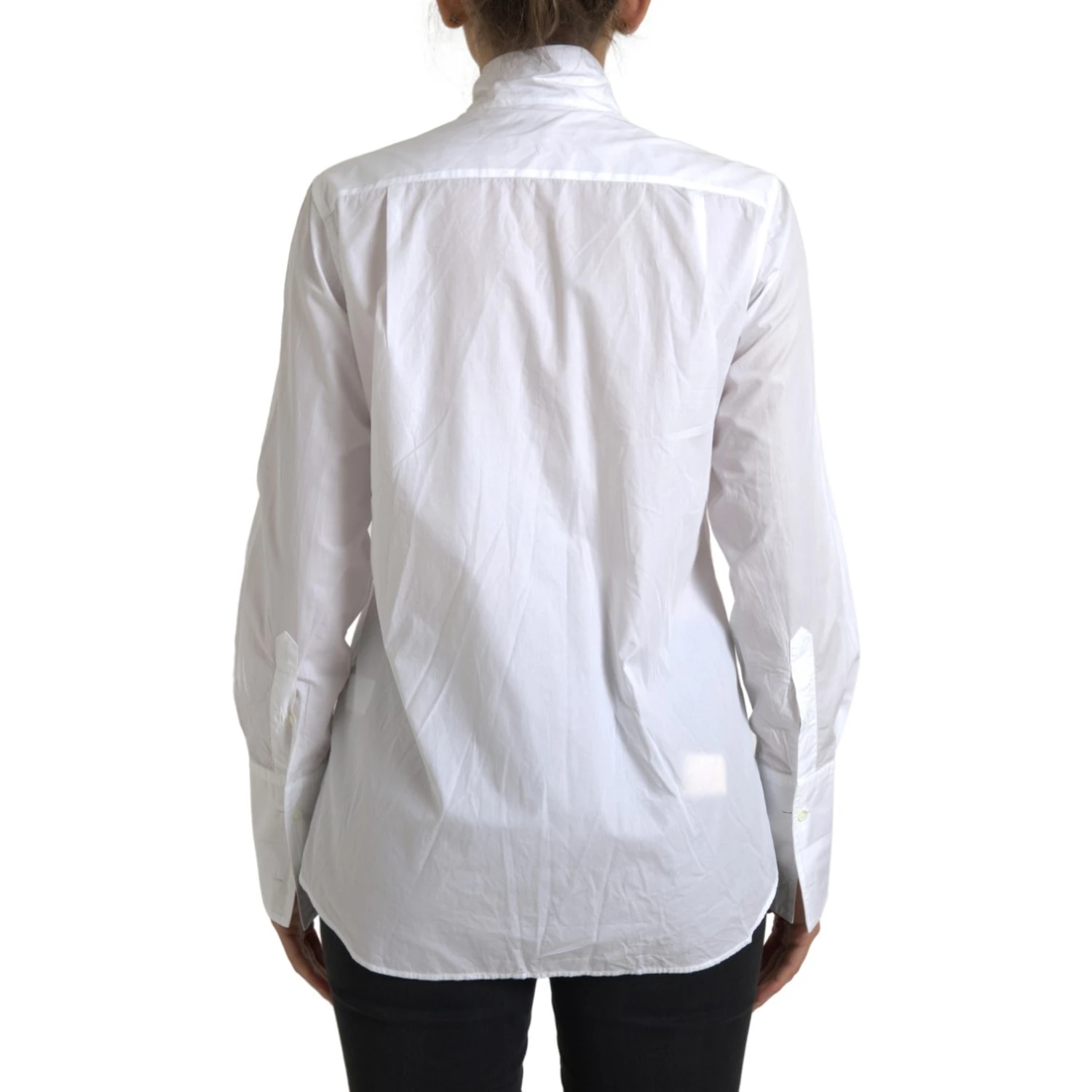 White Cotton Ascot Collar Long Sleeves Top