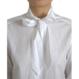 White Cotton Ascot Collar Long Sleeves Top